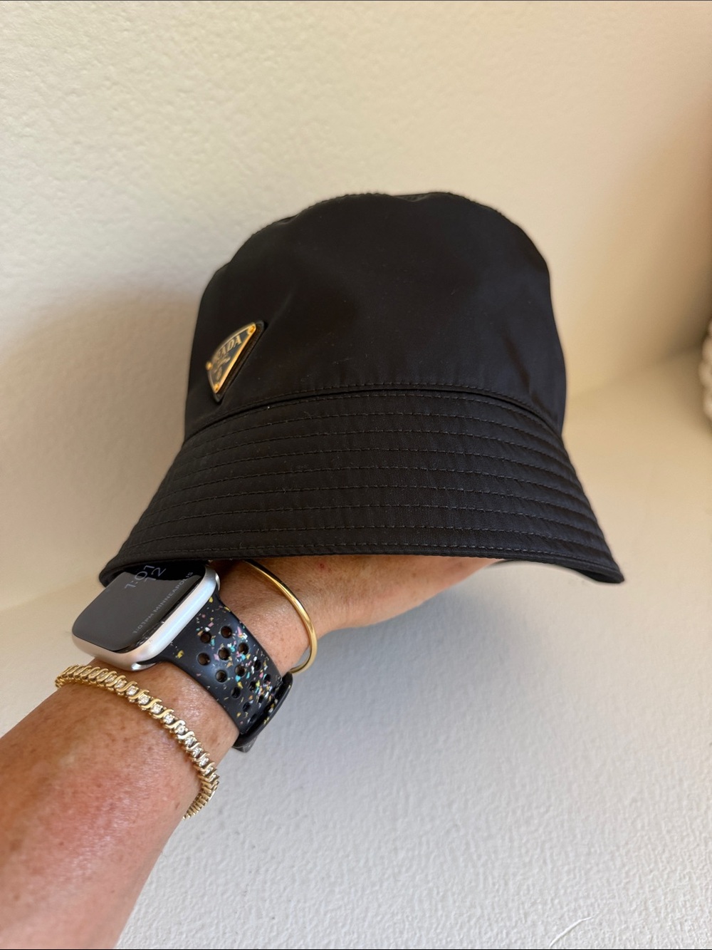 Prada Black Re-Nylon Bucket Hat with Gold Logo
